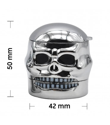 Dimensiones del grinder metálico para marihuana con forma de calavera y de 3 partes