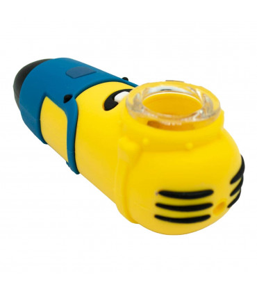 PIPA SILICONA MINION 10CM Pipa de silicona y cristal de cerca.