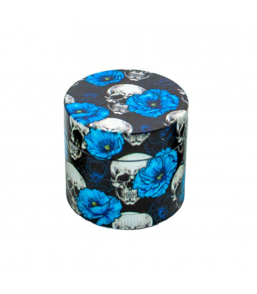 Grinder con polinizador y dibujos de calaveras y flores azul eléctrico.