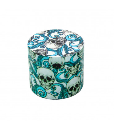 Grinder con polinizador y dibujos de calaveras y flores azul celeste.