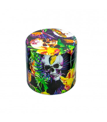 Grinder con polinizador y dibujos de calaveras en muchos colores y flores.