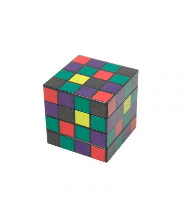 Grinder para marihuana con polinizador y forma de cubo de rubik.