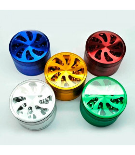 Grinder para marihuana de espiral con tapa transparente y polinizador.