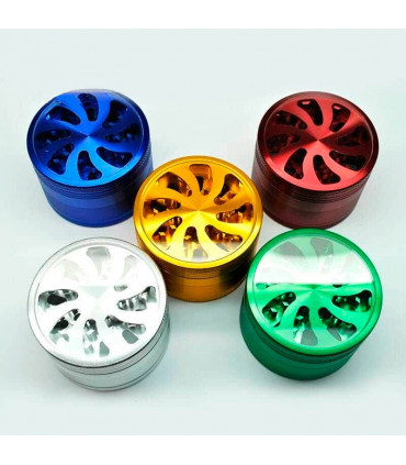 Grinder para marihuana de espiral con tapa transparente y polinizador.