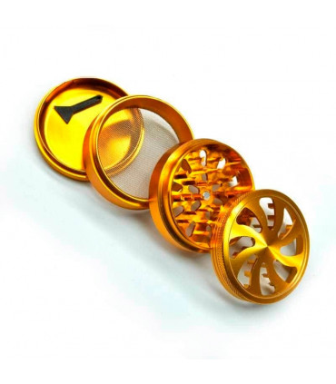 Grinder para marihuana de espiral con tapa transparente y polinizador. Abierto.