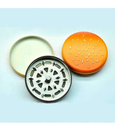 Grinder para marihuana con polinizador y diseño de hamburguesa. Abierto.
